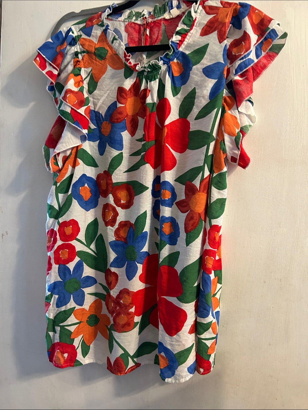 entro White Floral Ruffle Sleeve Blouse with Red, Blue, Orange & Green